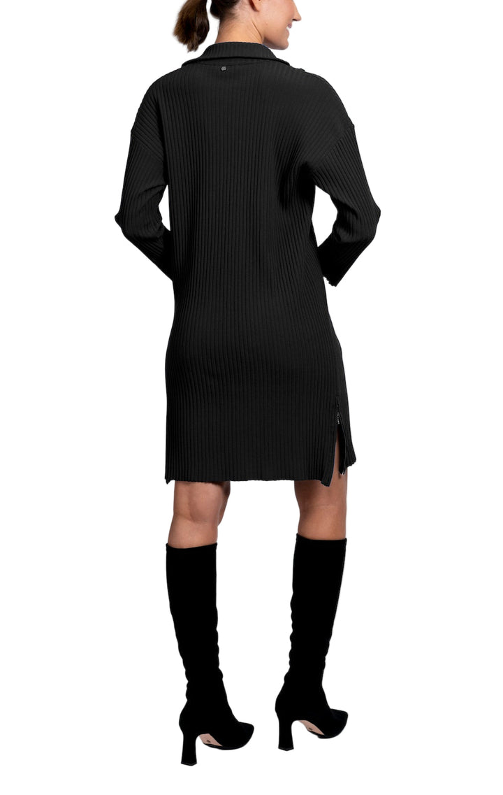Sandy Vertical Rib-Knit Zip Up Mock Neck Sweater Dress; Black