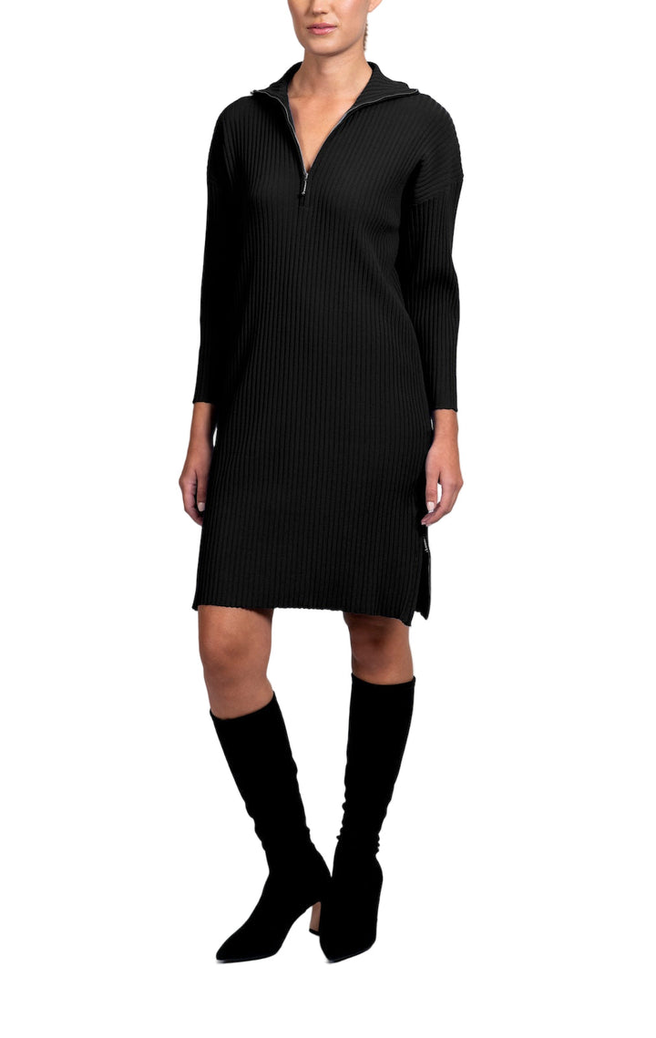 Sandy Vertical Rib-Knit Zip Up Mock Neck Sweater Dress; Black