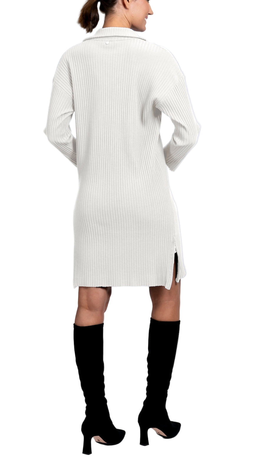 Sandy Vertical Rib-Knit Zip Up Mock Neck Sweater Dress; Winter White