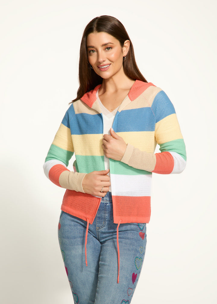 Striped Pointelle Hooded Cardigan - Parasol Stripe