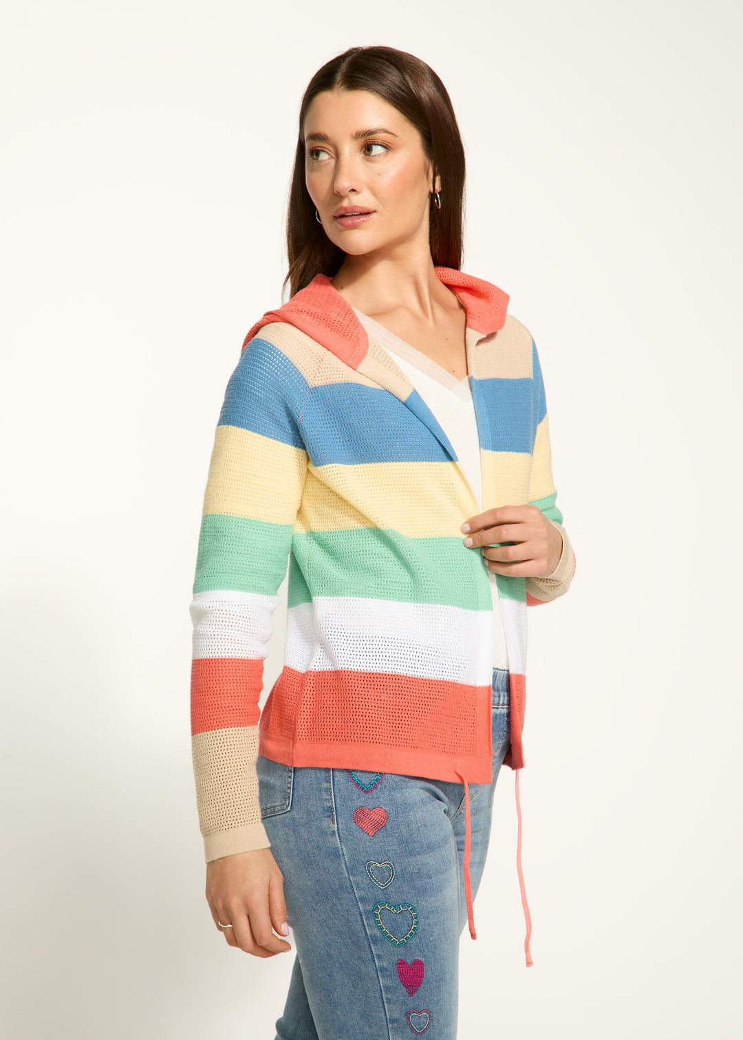 Striped Pointelle Hooded Cardigan - Parasol Stripe