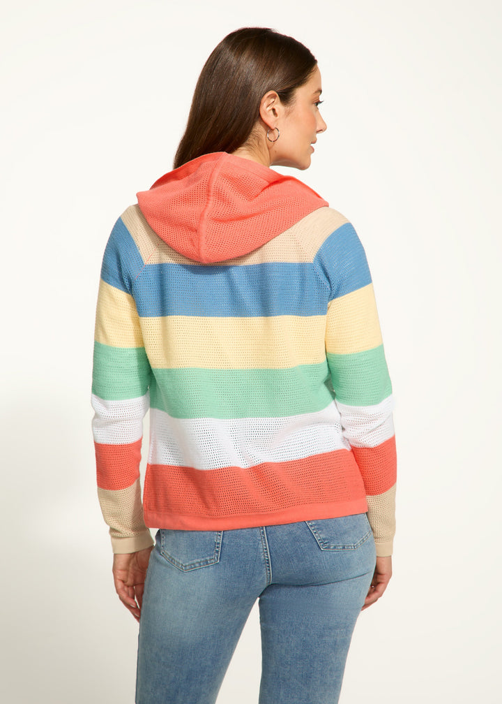 Striped Pointelle Hooded Cardigan - Parasol Stripe