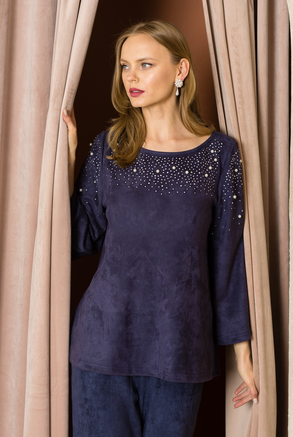 Annie Stretch Suede Top with Studs & Pearls