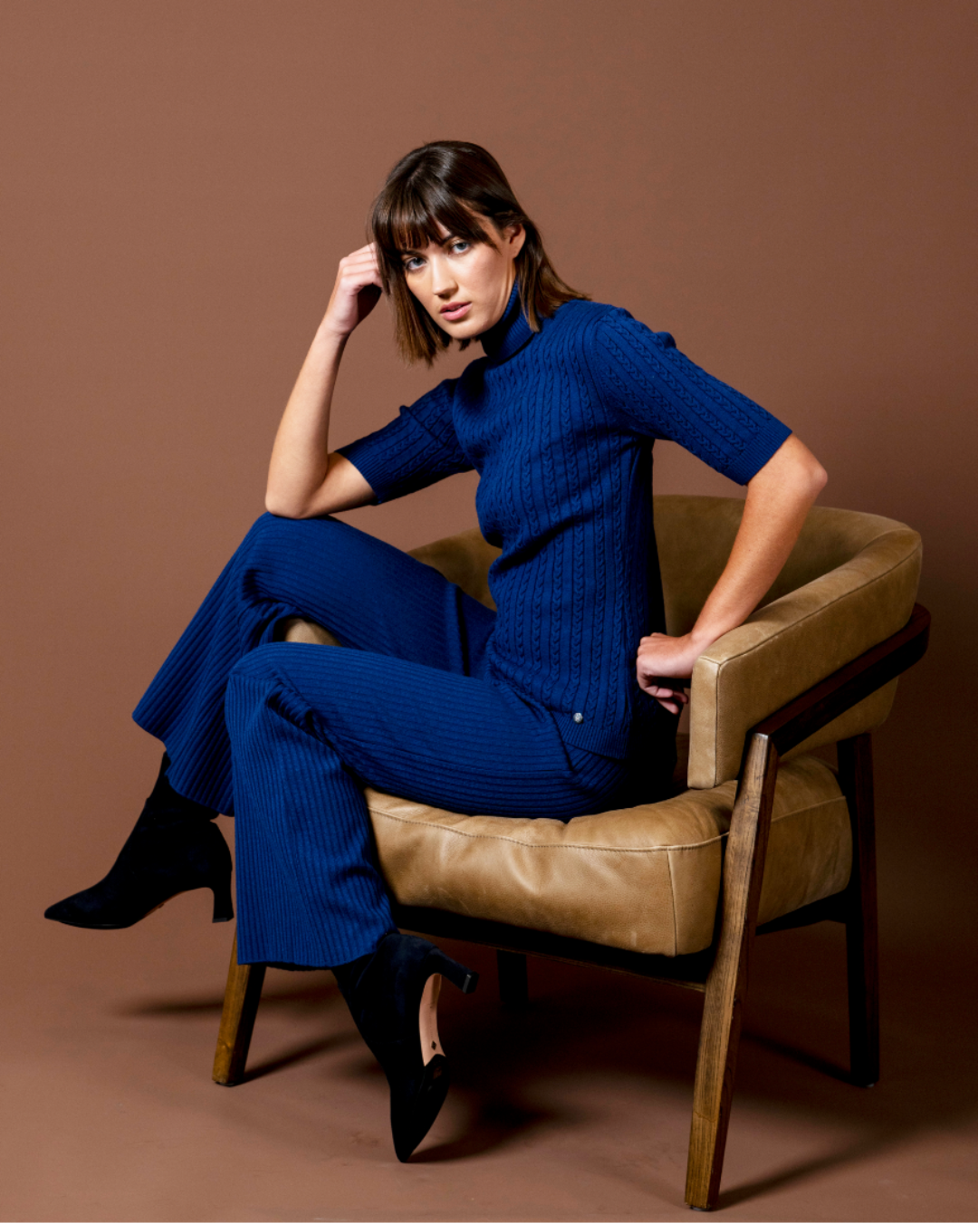 Sherri Short Sleeved Cable-Knit Turtleneck, Navy