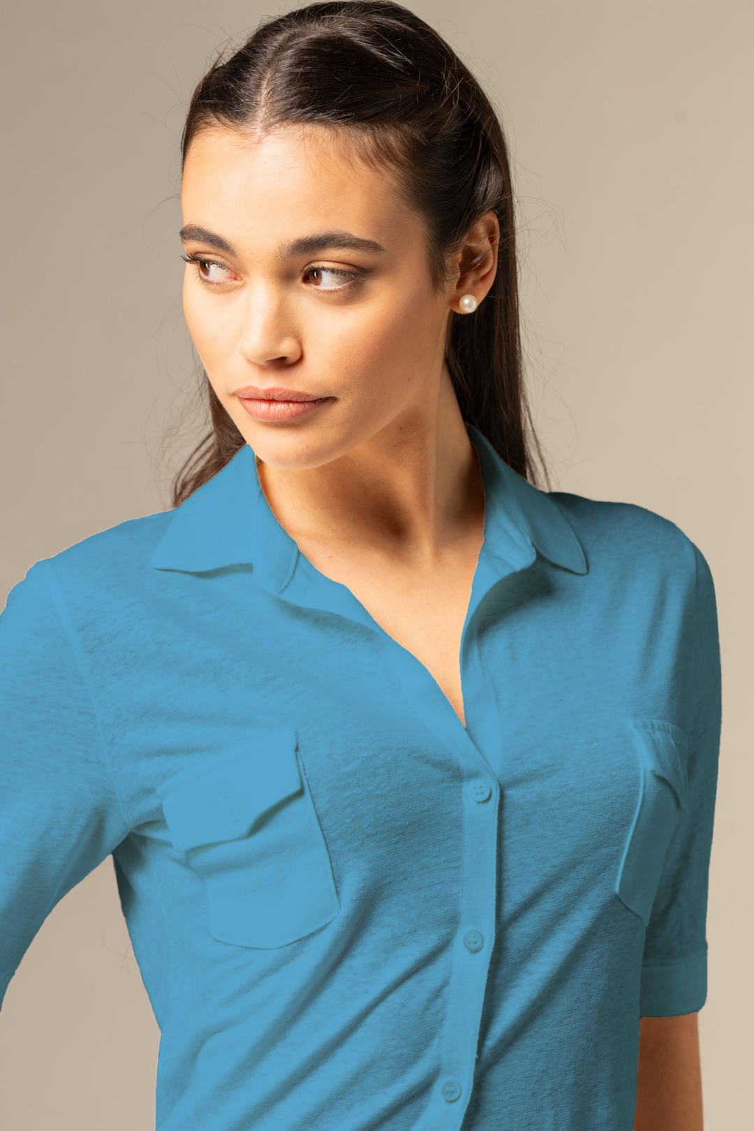 Stretch Linen 3/4 Sleeve Pocket Shirt - Bleu Taormina