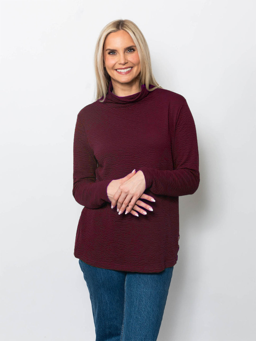Seersucker Funnel Neck Top