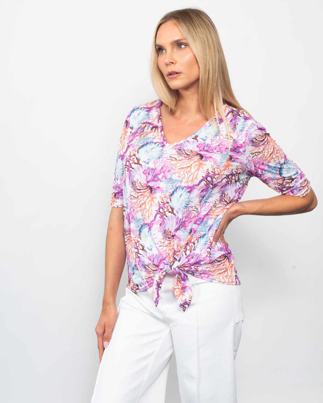Printed Crinkle V-Neck Tie Front Top