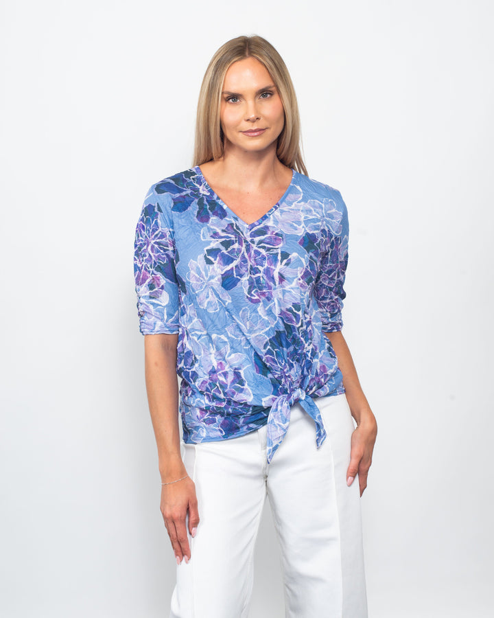 Printed Crinkle V-Neck Tie Front Top