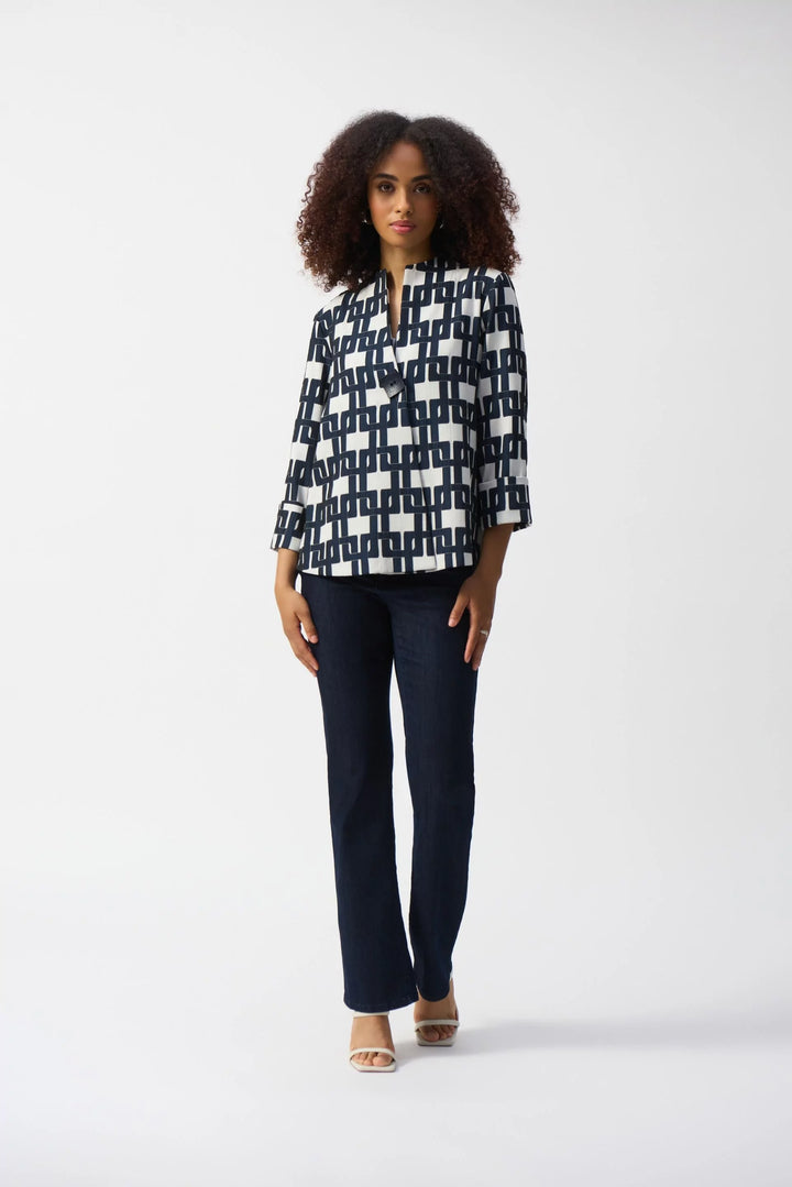 Geometric Print Trapeze Jacket - Off White/Navy