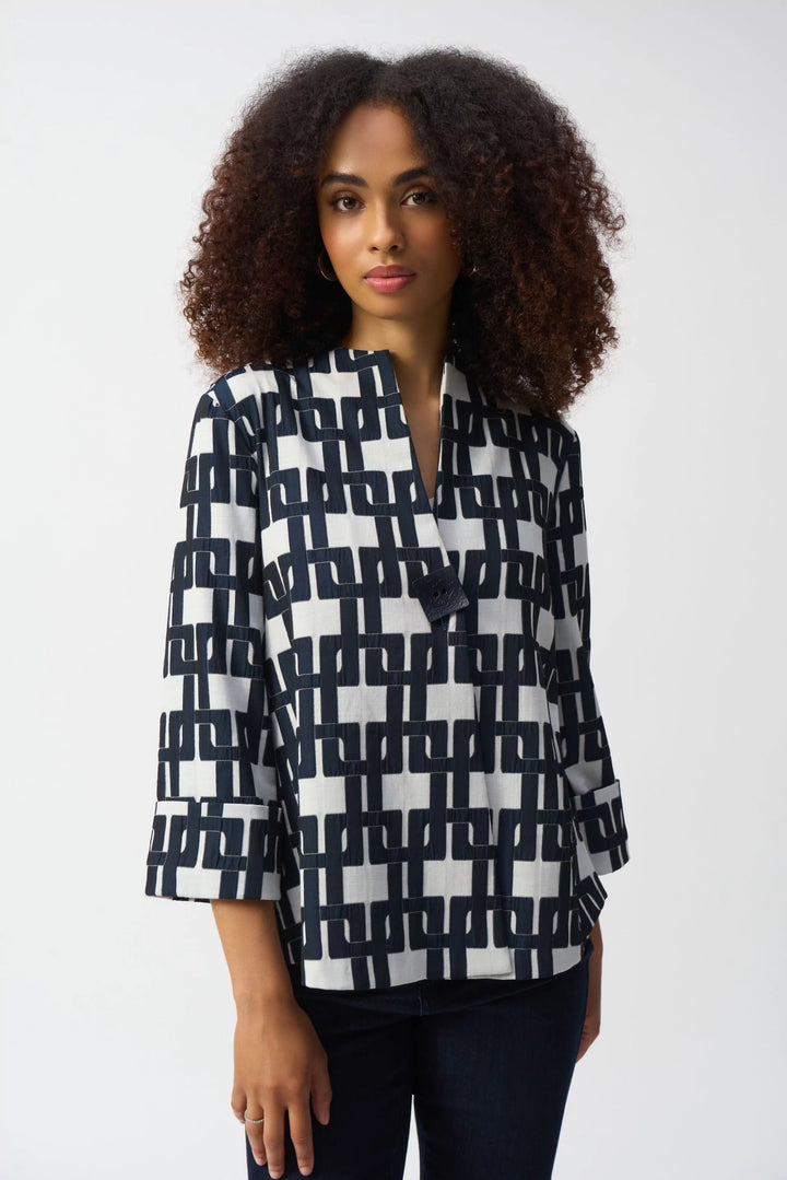 Geometric Print Trapeze Jacket - Off White/Navy