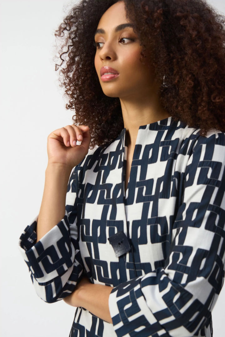 Geometric Print Trapeze Jacket - Off White/Navy