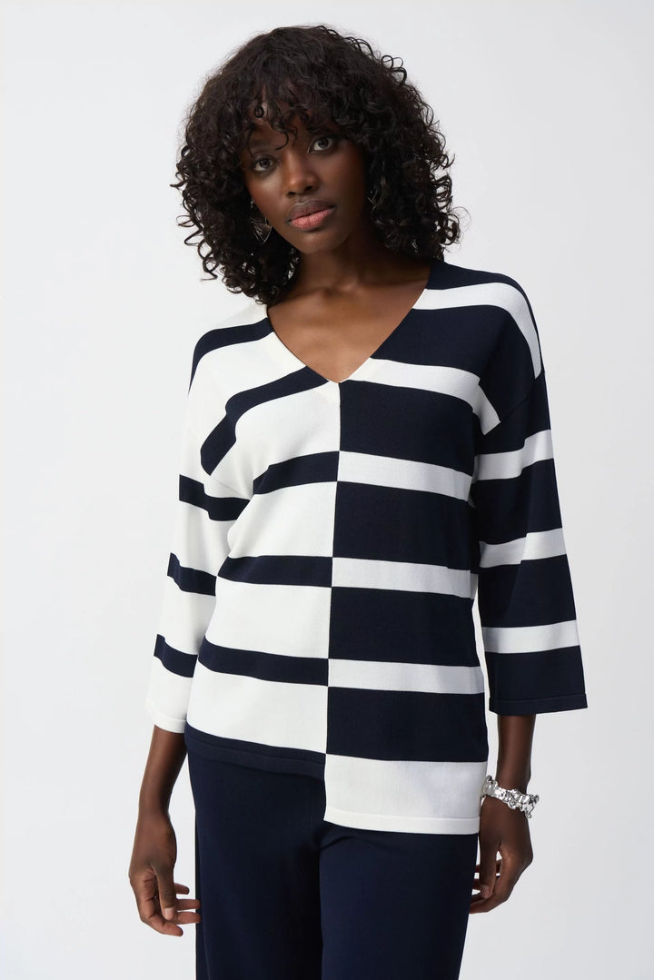 Striped V-Neck Pullover - Midnight Blue/Vanilla