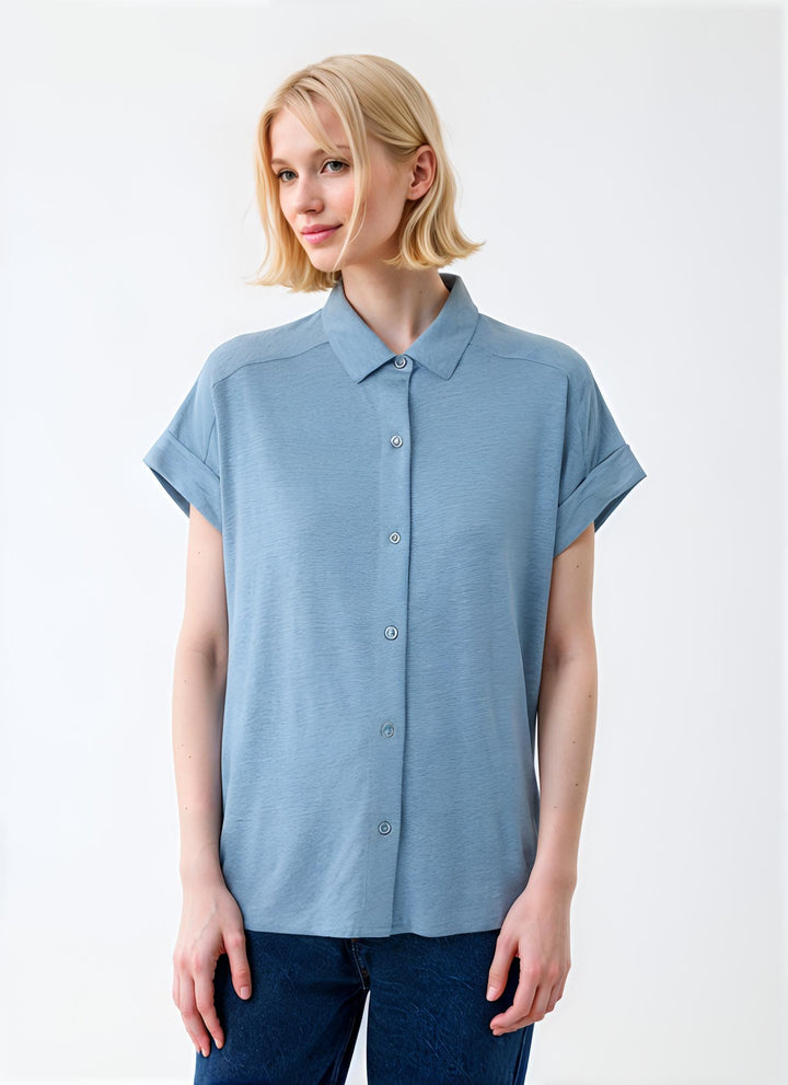 Stretch Linen Short Sleeve Shirt with Rolled Cuff - Ocean