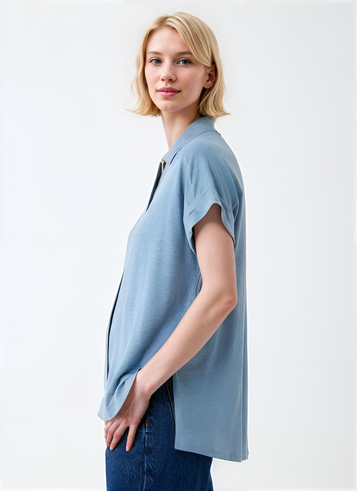 Stretch Linen Short Sleeve Shirt with Rolled Cuff - Ocean