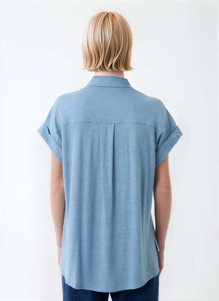 Stretch Linen Short Sleeve Shirt with Rolled Cuff - Ocean