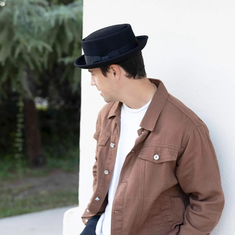 Chi-Town black felt pork pie hat, angled view