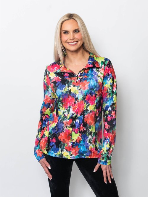 Microfiber Wide Collar Zip Neck Top