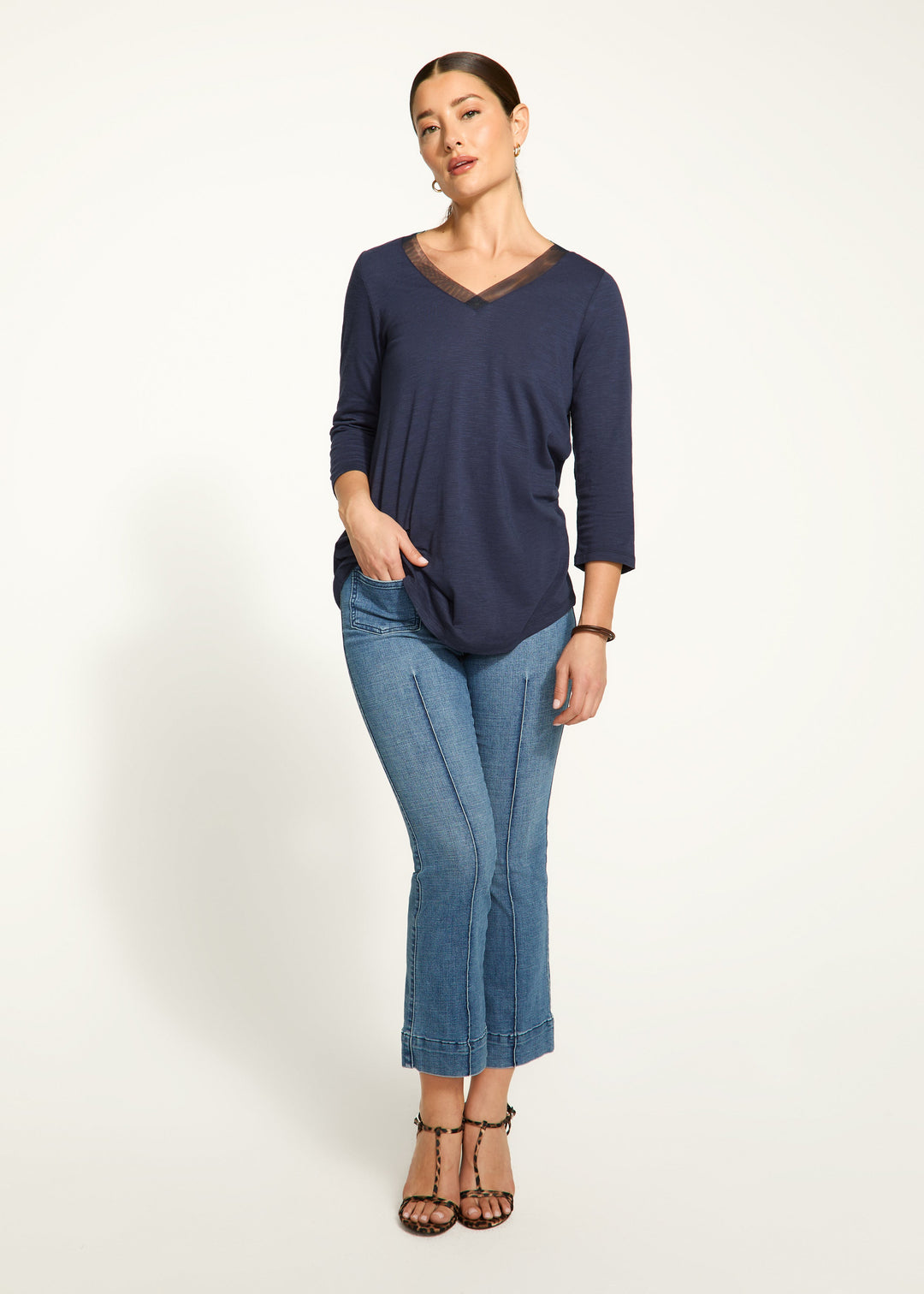 3/4 Sleeve V-Neck Top - Navy