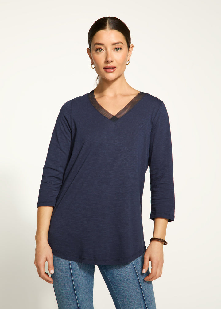 3/4 Sleeve V-Neck Top - Navy