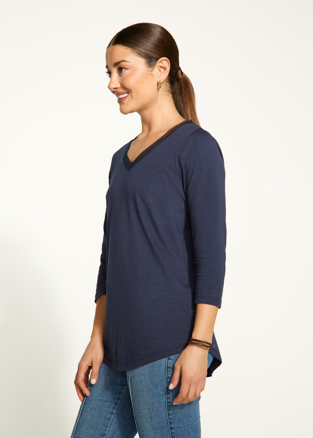 3/4 Sleeve V-Neck Top - Navy