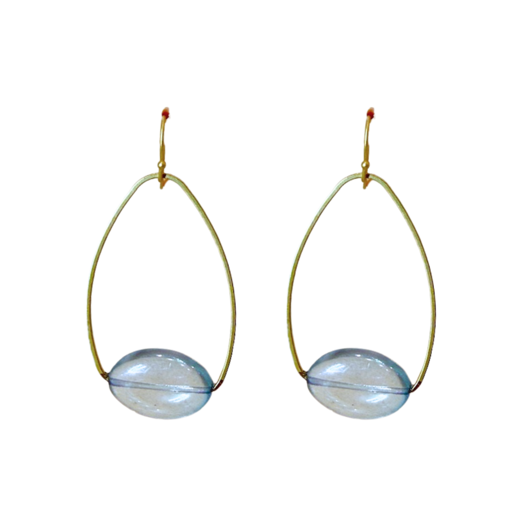 Blue Pressed Glass Inset Matte Gold Oval Earrings