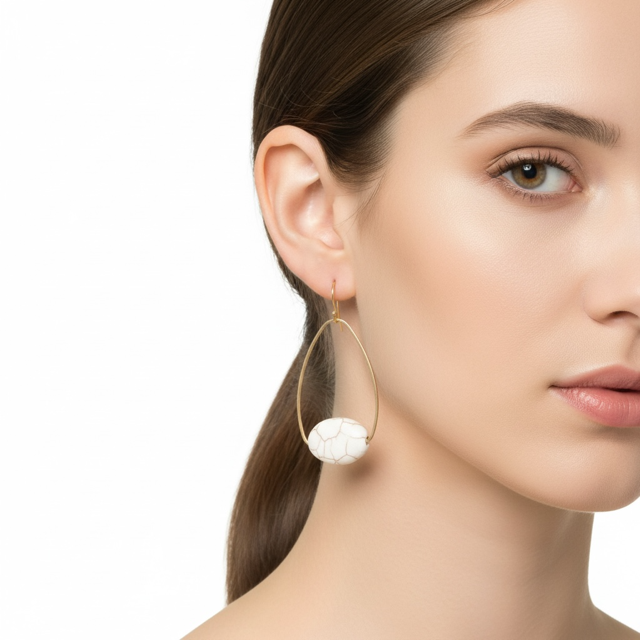 White Magnesite Inset Matte Gold Oval Earrings