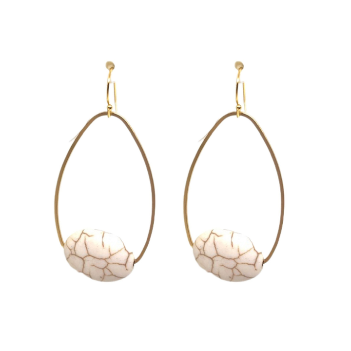 White Magnesite Inset Matte Gold Oval Earrings
