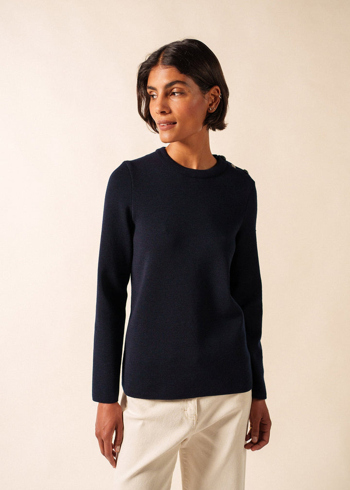BREGANCON - Breton Sweater with Jacquard Elbow Patch for Women (NAVY)