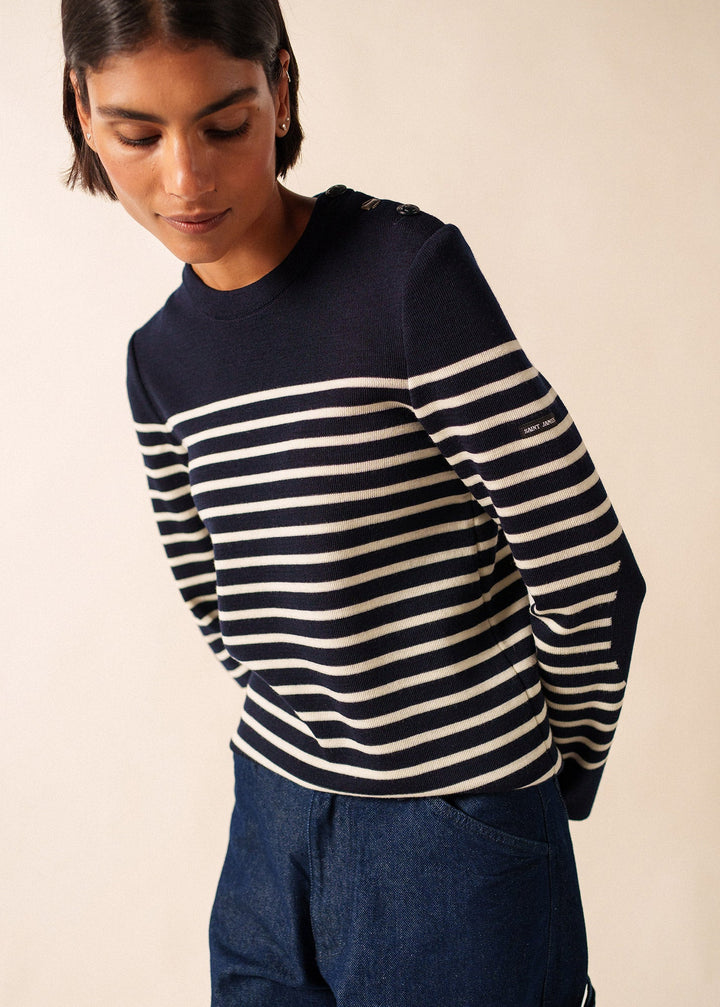 BREGANCON - Breton Striped Sweater with Jacquard Elbow Patch for Women (NAVY / IVORY)