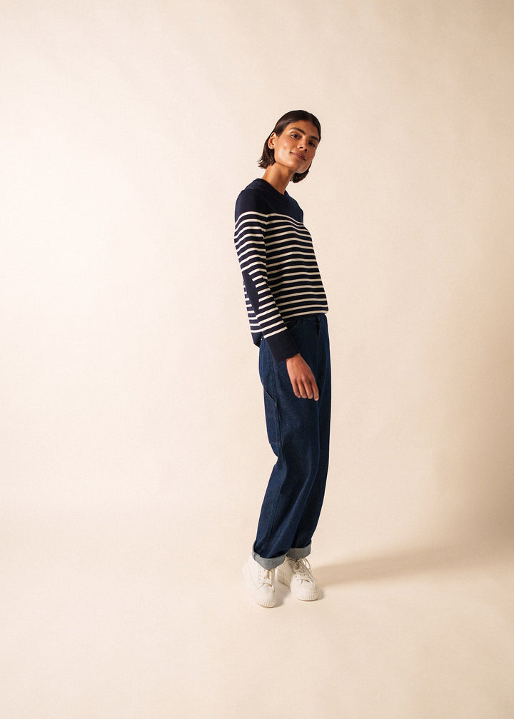 BREGANCON - Breton Striped Sweater with Jacquard Elbow Patch for Women (NAVY / IVORY)