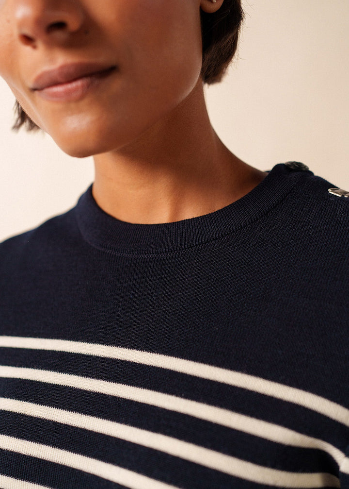 BREGANCON - Breton Striped Sweater with Jacquard Elbow Patch for Women (NAVY / IVORY)