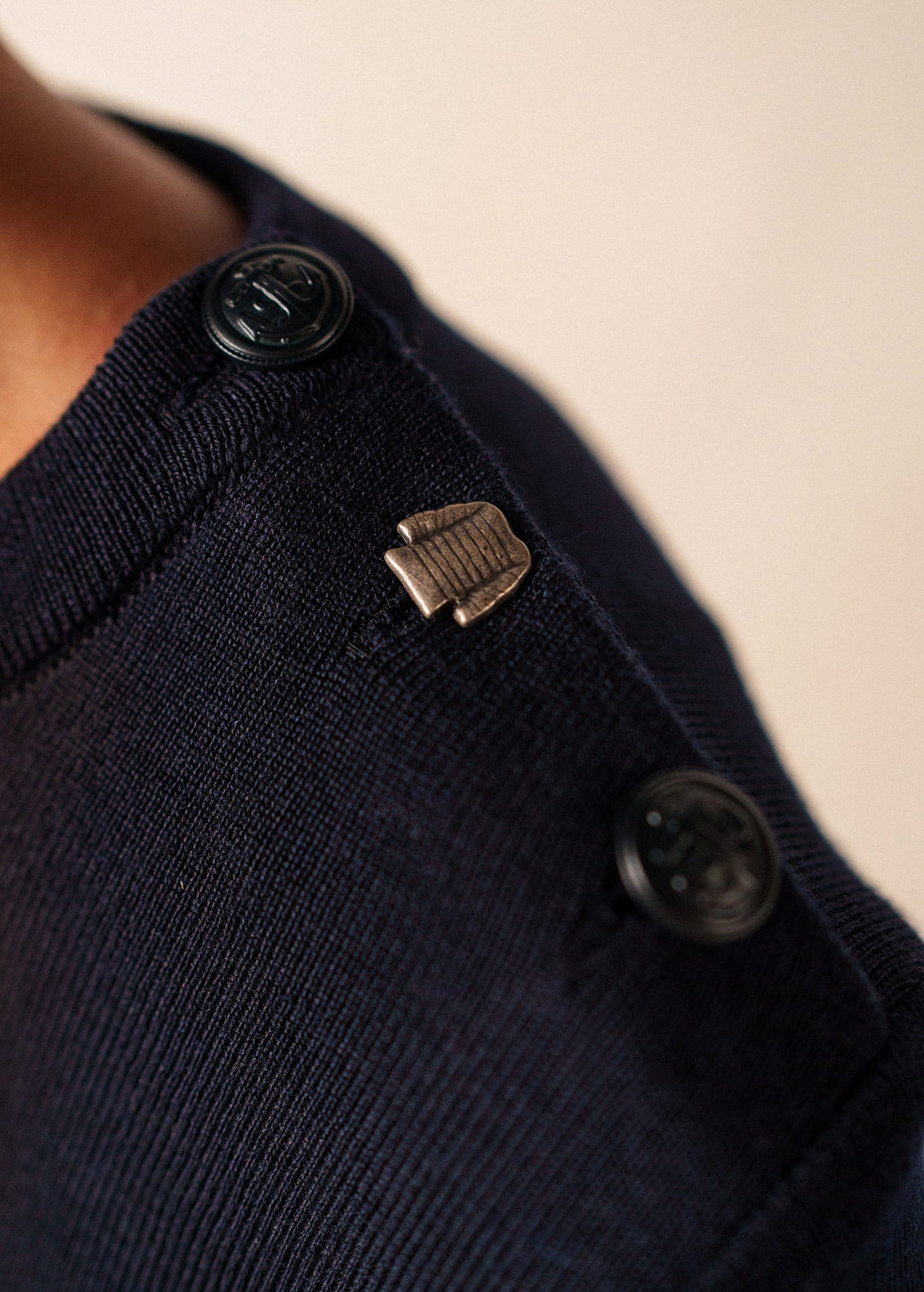 BREGANCON - Breton Striped Sweater with Jacquard Elbow Patch for Women (NAVY / IVORY)