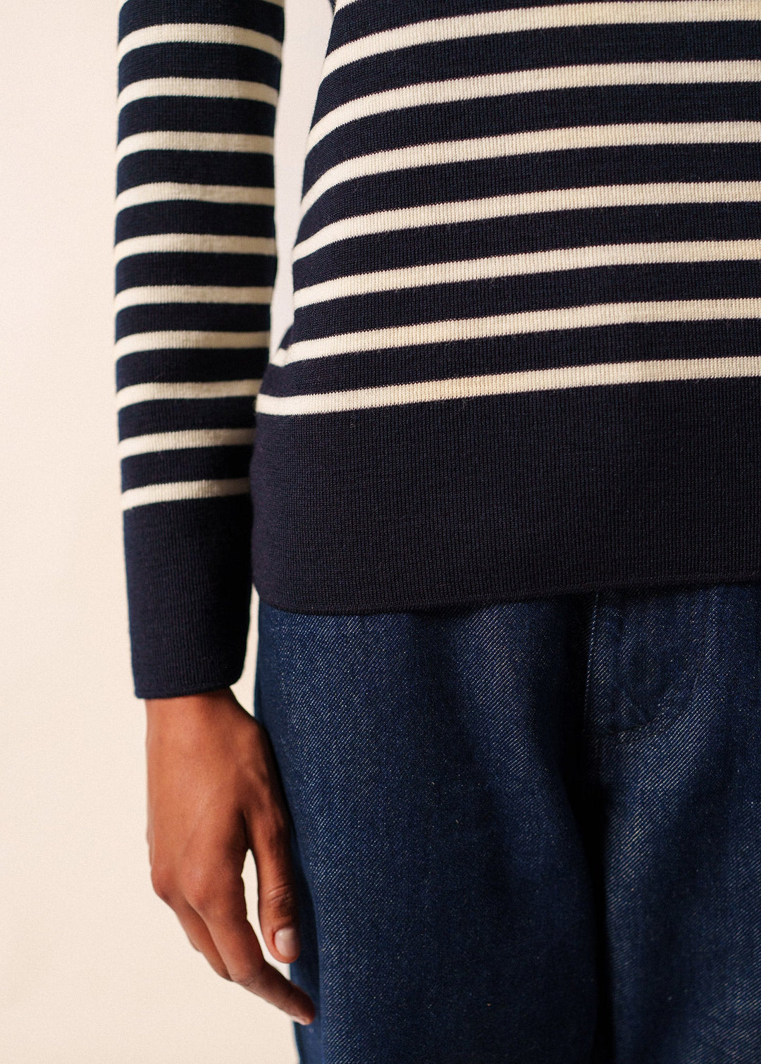 BREGANCON - Breton Striped Sweater with Jacquard Elbow Patch for Women (NAVY / IVORY)