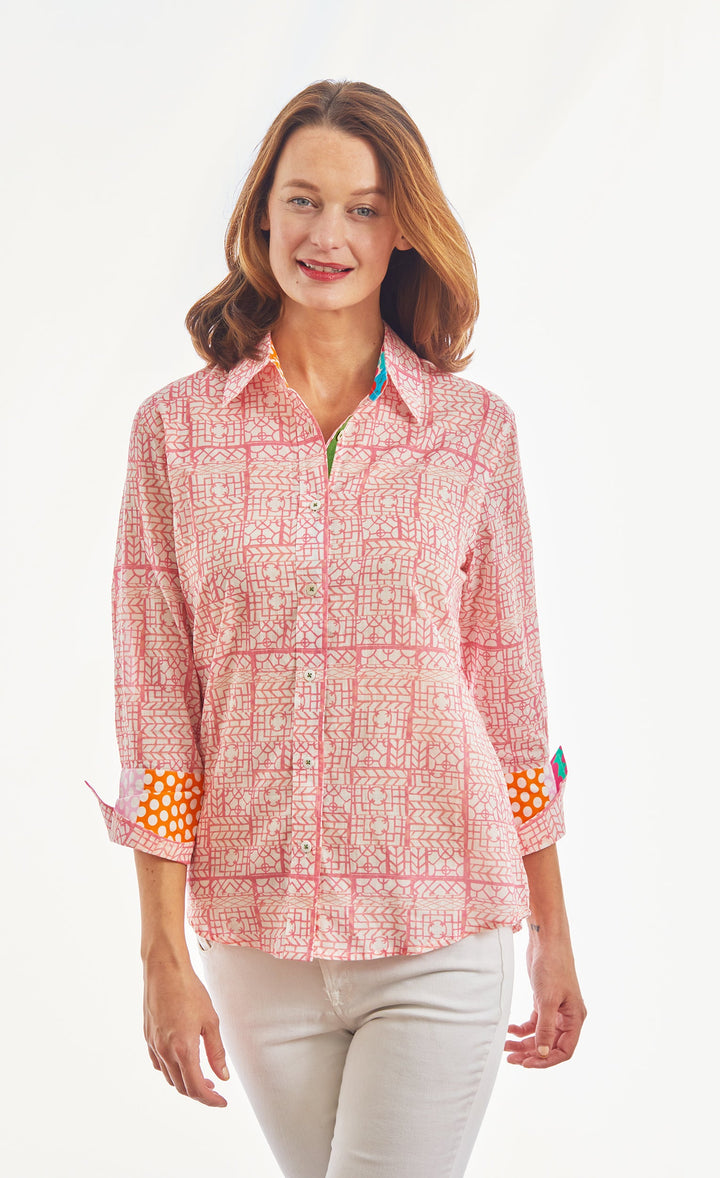 3/4 Sleeve Pink Tiny Geometric Print Voile
