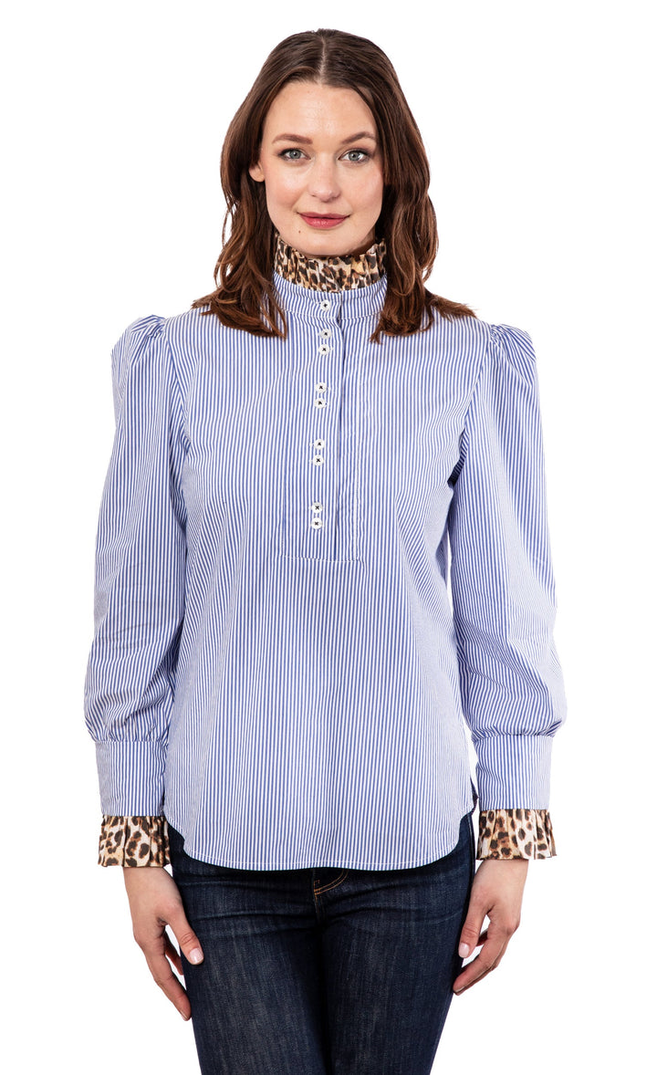 Blue Striped Puff Sleeve Top with Cheetah Collar and Cuff