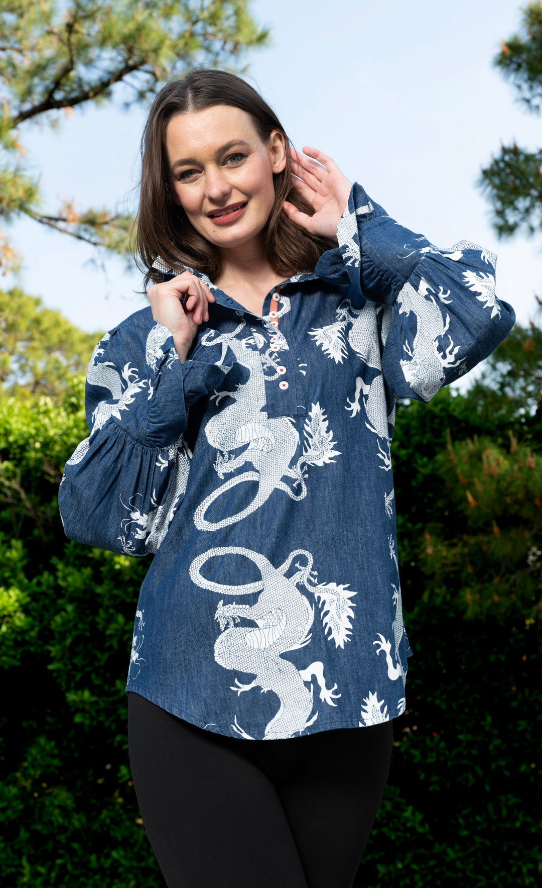 Oversized Top with Ruffle Neck Denim Dragon Pattern