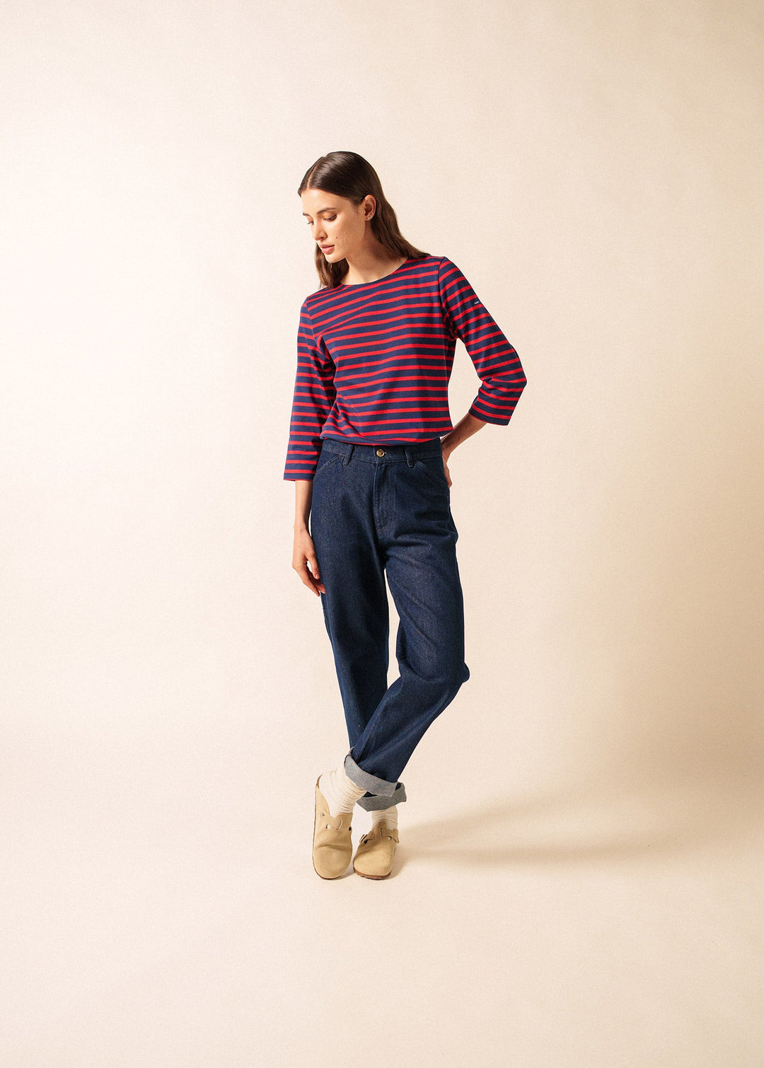 GALATHEE II - Breton Striped Top with ¾ Sleeve (NAVY / RED)