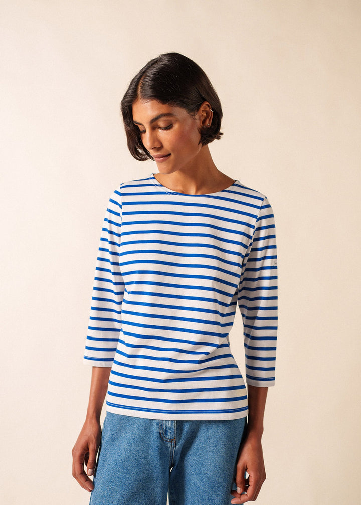 GALATHEE II - Breton Striped Top with ¾ Sleeve (WHITE / ROYAL BLUE)