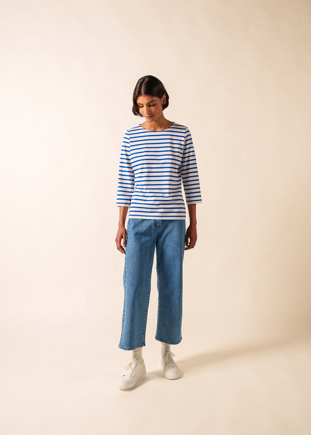 GALATHEE II - Breton Striped Top with ¾ Sleeve (WHITE / ROYAL BLUE)