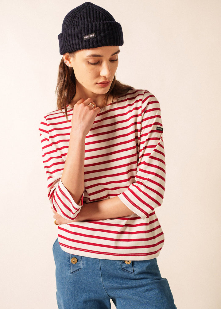 GALATHEE II - Breton Striped Top with ¾ Sleeve | Soft Cotton | Women Fit (ECRU / MAROON)