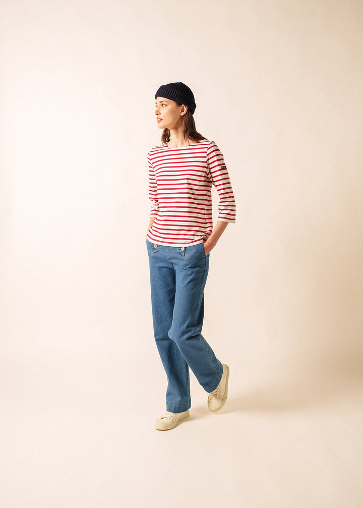 GALATHEE II - Breton Striped Top with ¾ Sleeve | Soft Cotton | Women Fit (ECRU / MAROON)