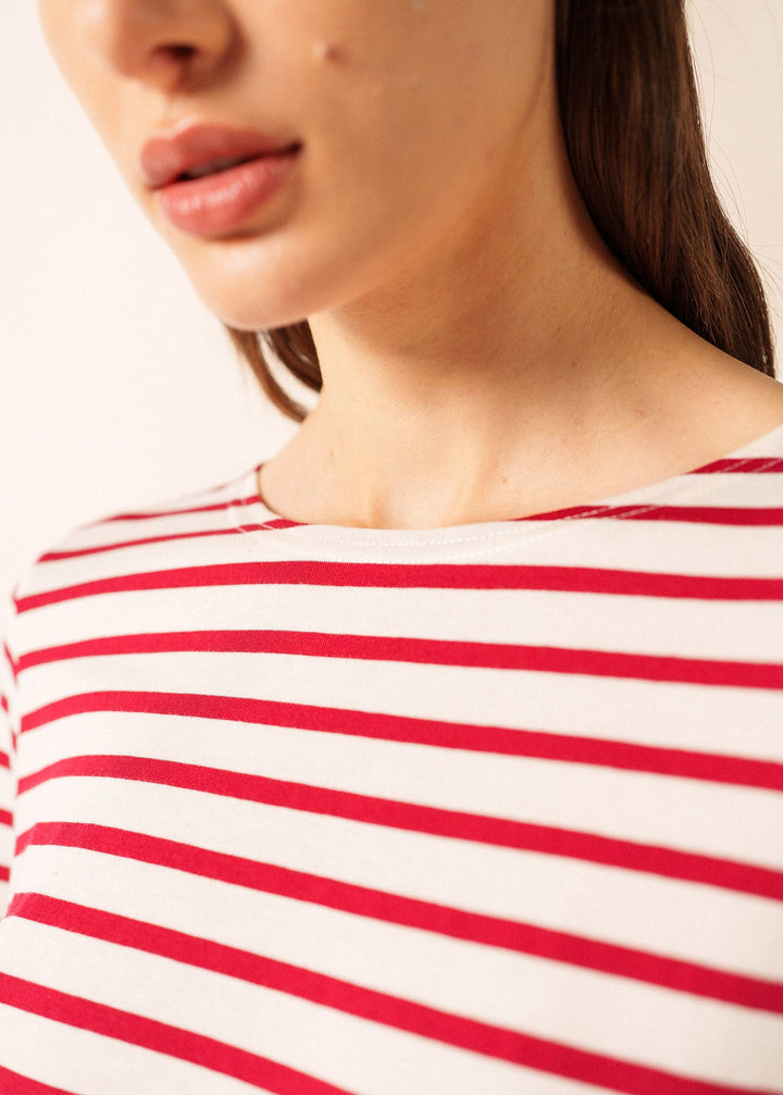 GALATHEE II - Breton Striped Top with ¾ Sleeve | Soft Cotton | Women Fit (ECRU / MAROON)