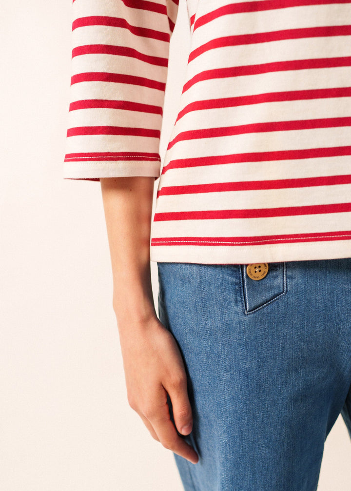 GALATHEE II - Breton Striped Top with ¾ Sleeve | Soft Cotton | Women Fit (ECRU / MAROON)