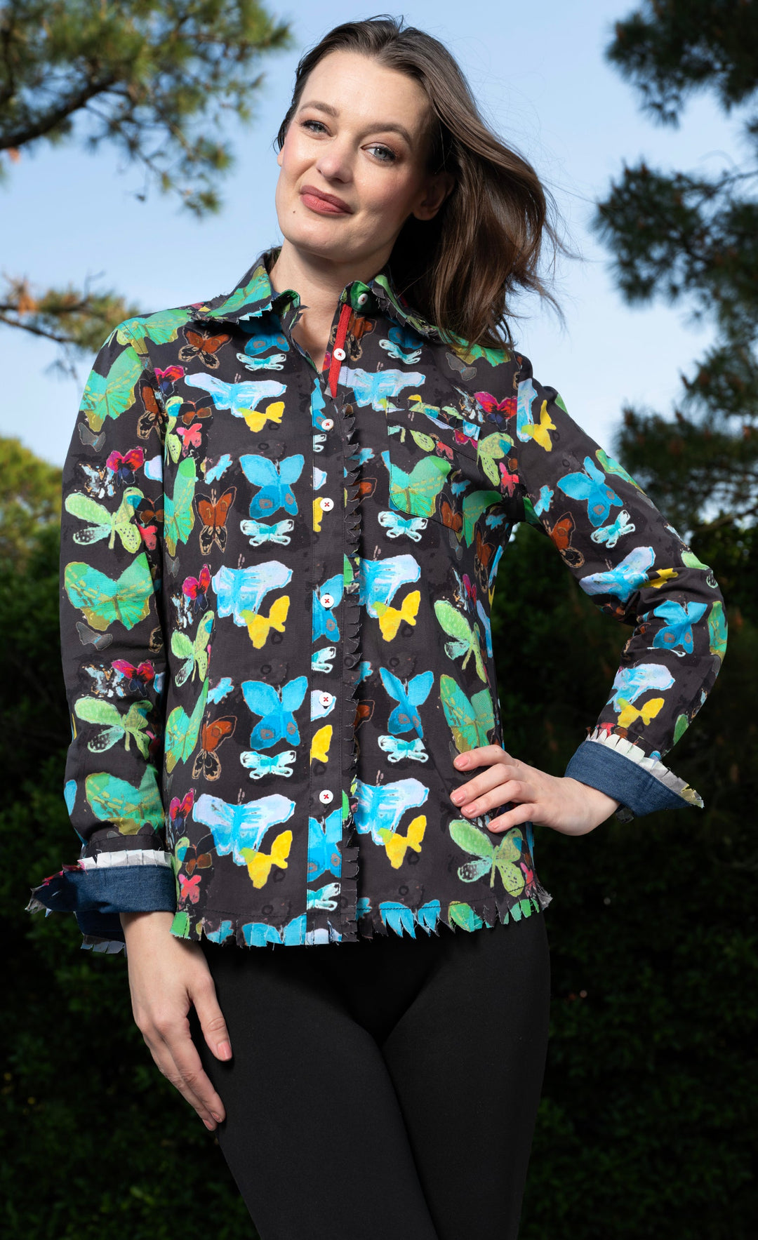 Cape Cod Top Black Ground Butterfly Print