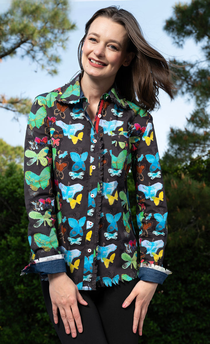 Cape Cod Top Black Ground Butterfly Print