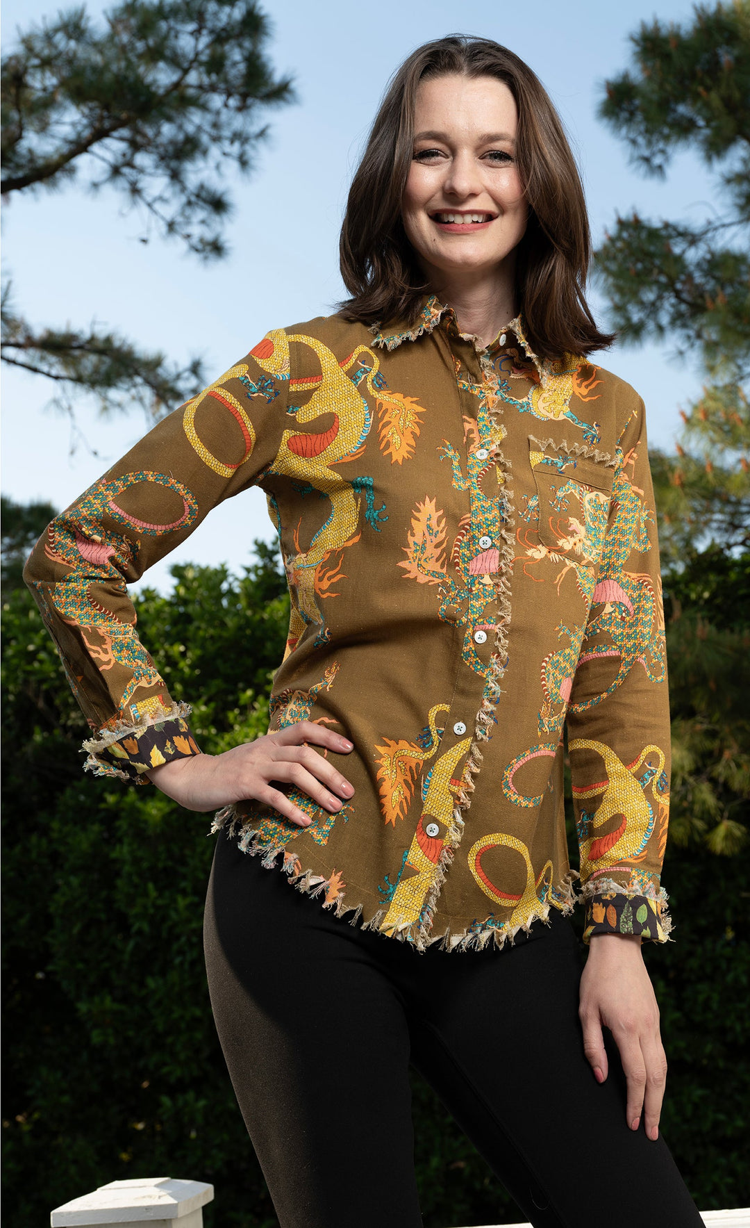 Cape Cod Top Olive Dragon Print