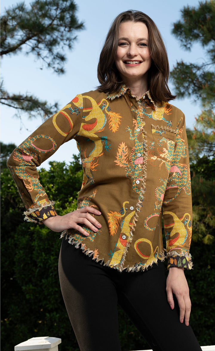 Cape Cod Top Olive Dragon Print
