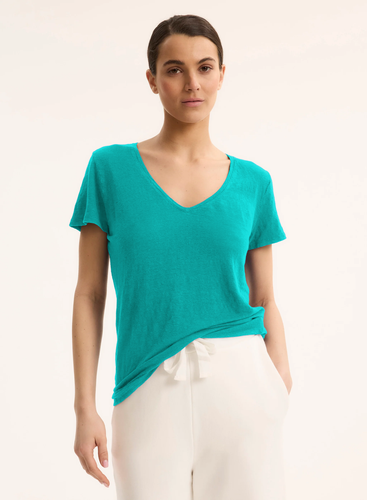 V-Neck Short Sleeve Linen Shirt - Menthol