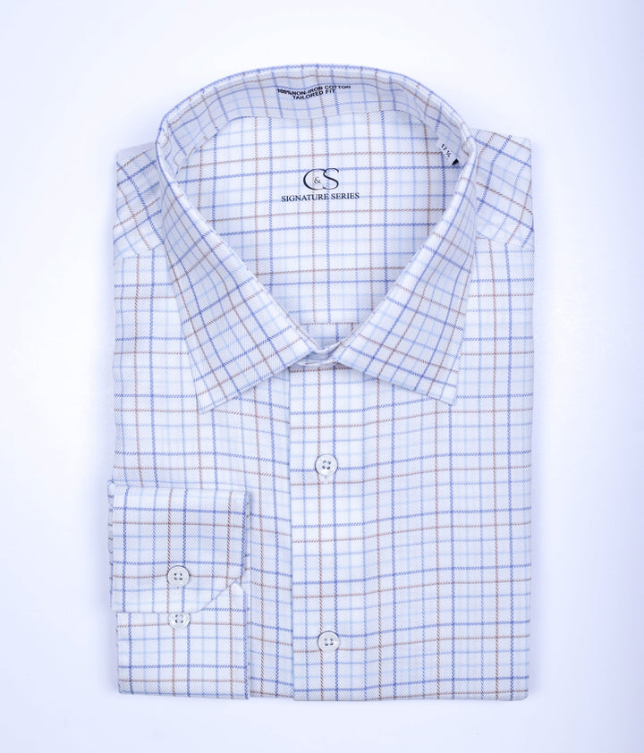 CREAM/SKY BLUE AND TAUPE CHECK SHIRT