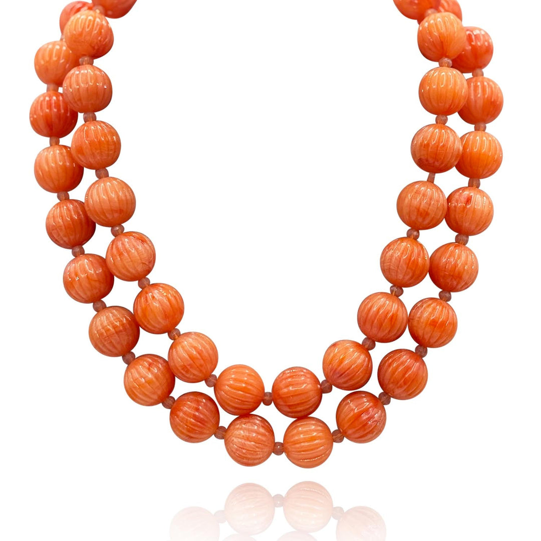 Vicenza Coral Resin Carved Seventeen And One Halfinches Melon Bead Necklace